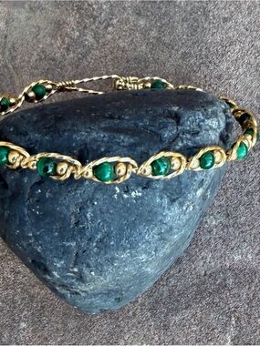Gold-Tone Bracelet with Malachite Beads. Made with twisted dental wire. 7”